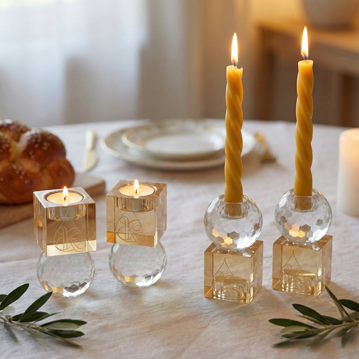 Coffret Duo Bougeoirs Réversibles – Cristal K9 & Ambre – Shabbat & Havdala