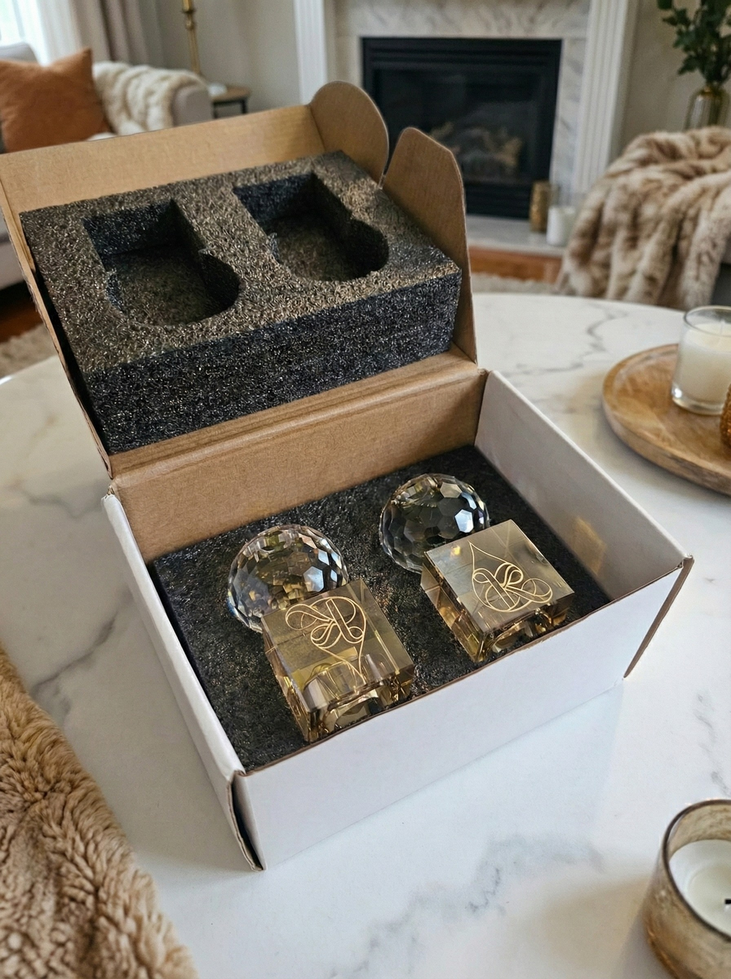 Coffret Duo Bougeoirs Réversibles – Cristal K9 & Ambre – Shabbat & Havdala